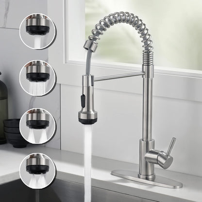 Rainovo Kitchen Faucet Brushed Nickel with 4 Mode Pull Down Sprayer, Kitchen Spring Faucet Stainless Steel with Duo-aquablade Function, Single Handle faucets High Arc Modern with Pull Out Sprayer