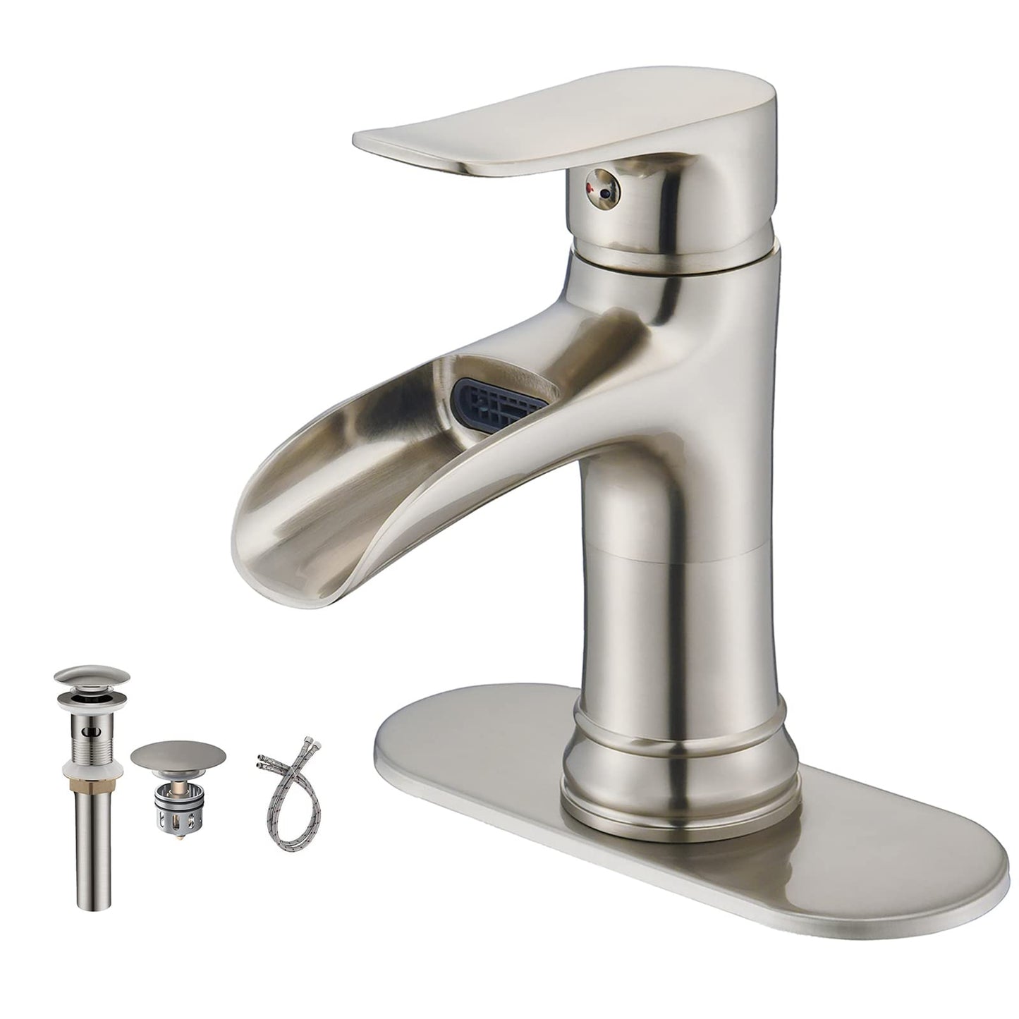 Waterfall Bathroom Faucet Burshed Nickel Single Hole One Handle for Vessel Sink with Brass Pop Up Drain by Yodel Faucet