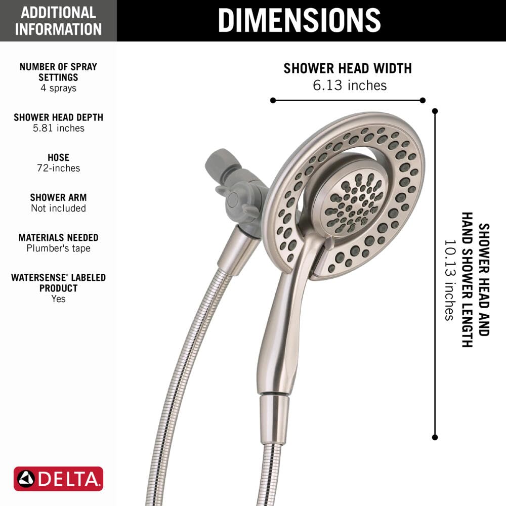 Delta Faucet 4-Setting In2ition 2-in-1 Dual Shower Head with Handheld, Brushed Nickel Round Shower Head with Hose, Detachable Shower Head, Hand Held Shower Head, SpotShield Stainless 75486CSN