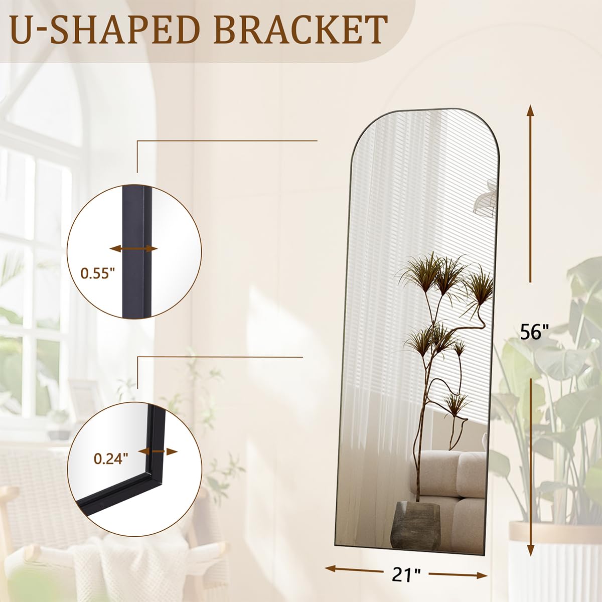 Koonmi Full Length Mirror, 56"x21" Mirror Full Length with Stand, Black Wall Full Body Mirror, Rounded Top Floor Mirror with Aluminum Alloy Frame for Bedroom Living Room