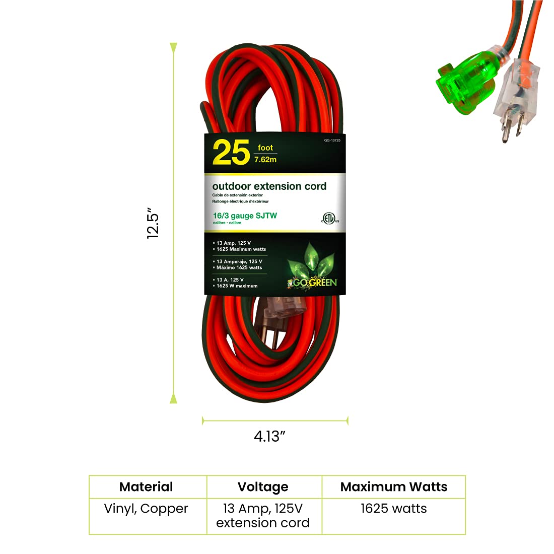 Go Green Power Inc. (GG-13725) 16/3 SJTW Outdoor Extension Cord, Lighted End, 25 ft (Pack of 2)