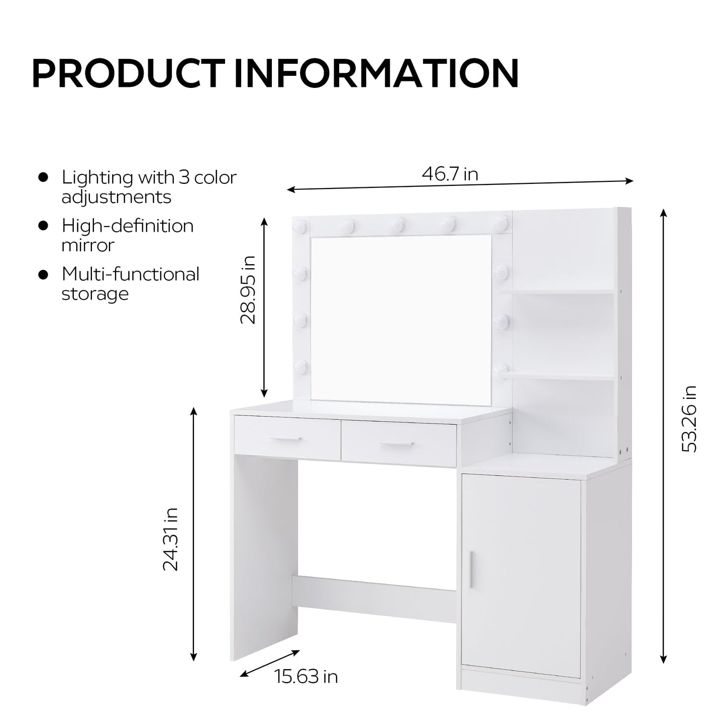 MIRROTOWEL Vanity Desk with Mirror and Lights, 46.7IN Dressing Table with 2 Large Drawer&Large Vertical Organizer, 3 Level Dresser & 3 Lighting Modes Adjustable Brightness, Suitable for Bedroom(white)