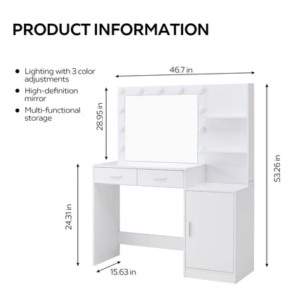 MIRROTOWEL Vanity Desk with Mirror and Lights, 46.7IN Dressing Table with 2 Large Drawer&Large Vertical Organizer, 3 Level Dresser & 3 Lighting Modes Adjustable Brightness, Suitable for Bedroom(white)