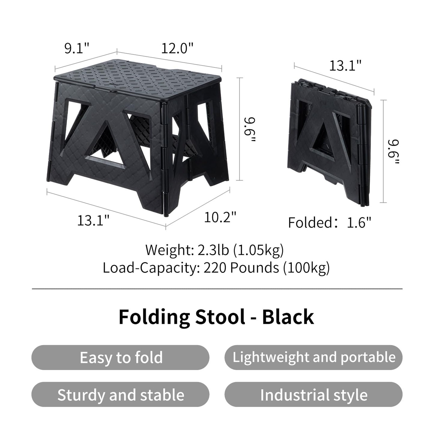 SHIMOYAMA Folding Stool, 9.6” Step Stool for Adults, Holds Up to 220lbs, PP Foldable Stool for Outdoor Camping, Bathroom, and Living Room (Black)