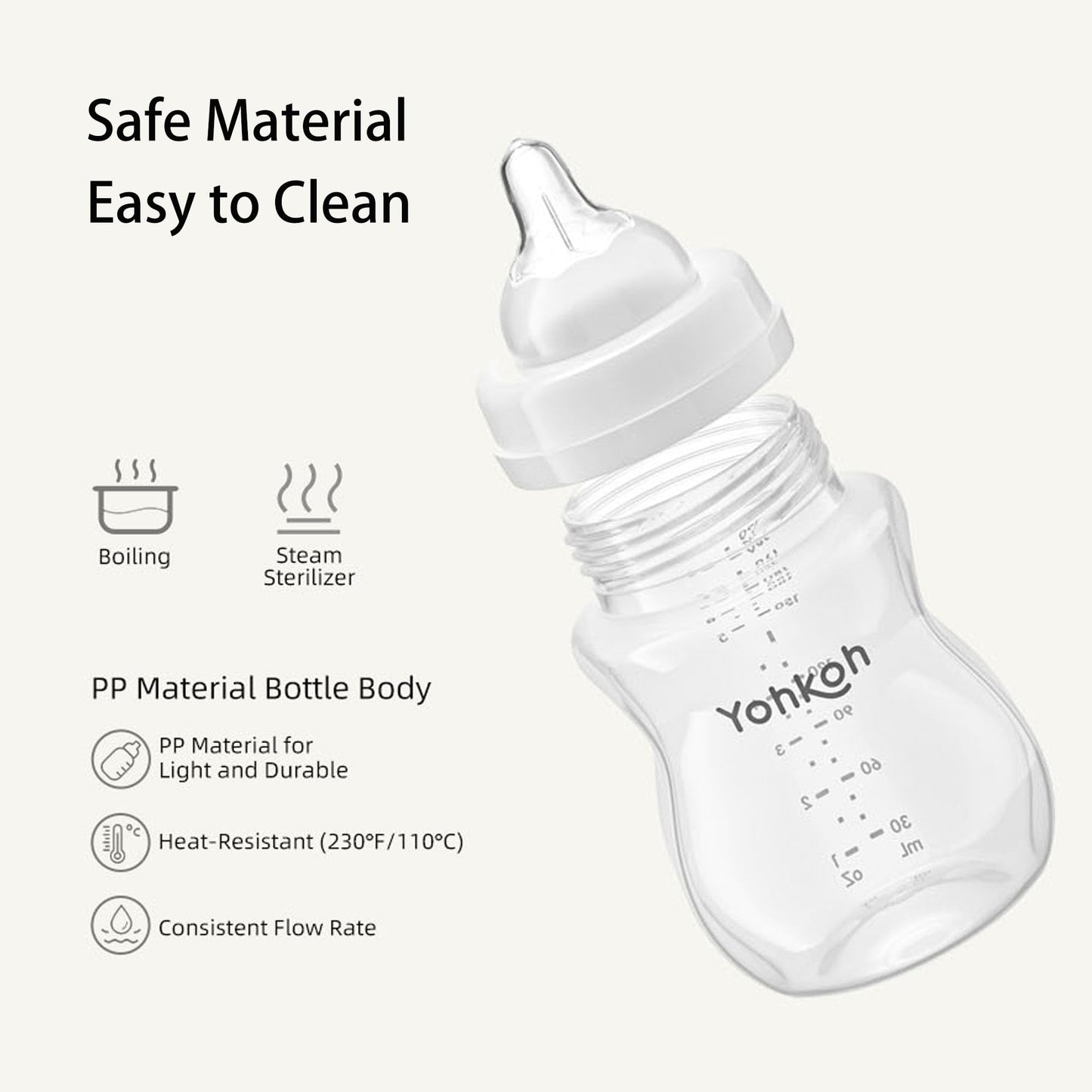 YOHKOH Natural Flow PP Baby Bottle with Natural Response Nipple, Wide Neck Anti-Colic Baby Bottles, Easy to Clean (6.4oz (Pack of 2), Multicolour)