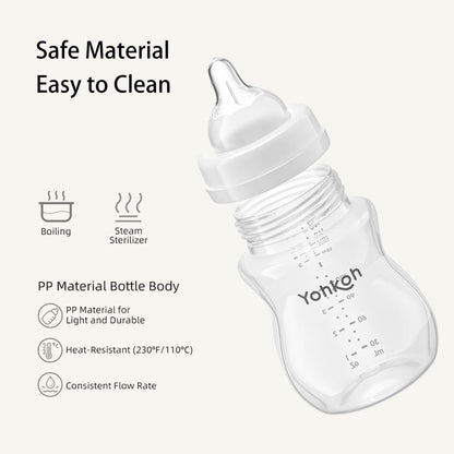 YOHKOH Natural Flow PP Baby Bottle with Natural Response Nipple, Wide Neck Anti-Colic Baby Bottles, Easy to Clean (6.4oz (Pack of 2), Multicolour)