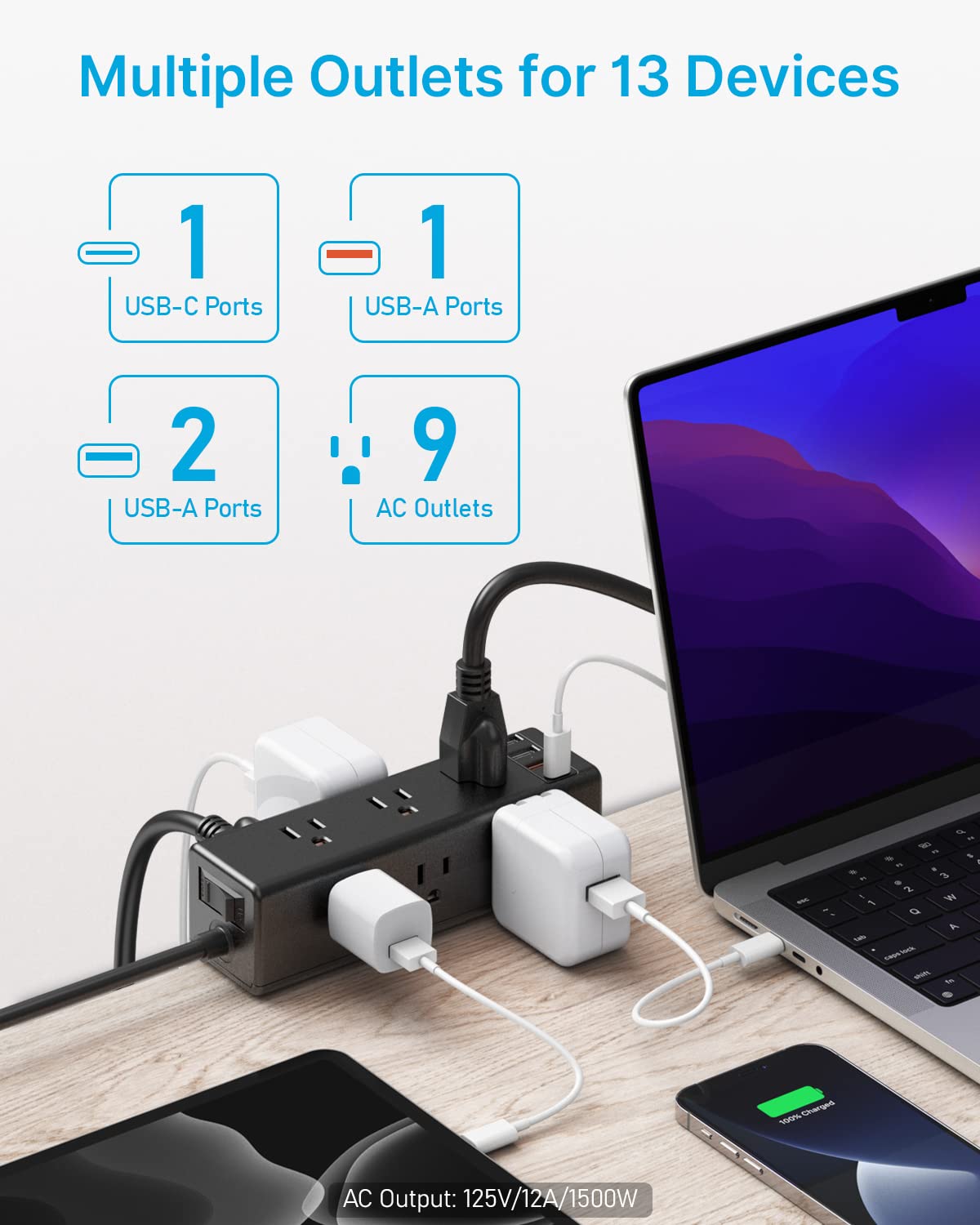 Desk Clamp Power Strip with USB Ports, 9 Outlets