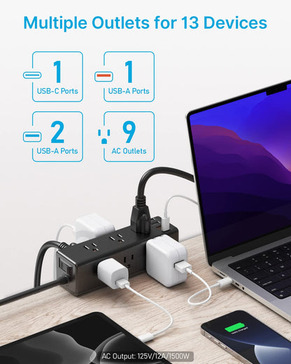 Desk Clamp Power Strip with USB Ports, 9 Outlets