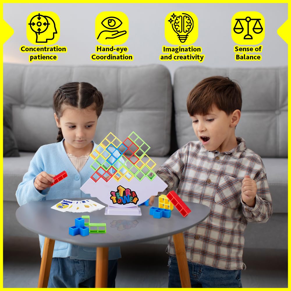 QYLAX 48 Pcs Tetra Tower Game Perfect Family Games for Kids and Adults, Fun 2 Player Balance Game Great for Friends, Parties, Travels