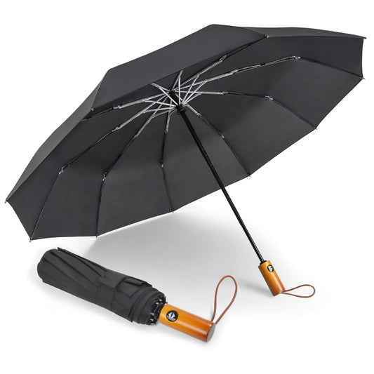 Lejorain Windproof Travel Folding Umbrella - 10 Ribs Automatic Collapsible Wind Resistant Black Umbrellas - Compact Rain Umbrella for Backpack