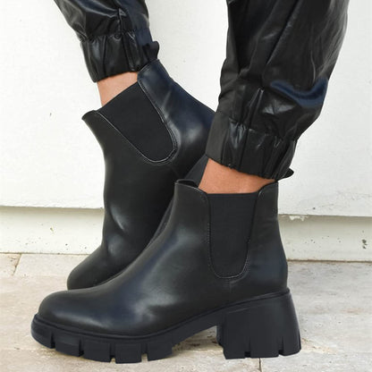 Juliet Holy Womens Lug Sole Platform Ankle Booties Chelsea Slip on Chunky Block Heel Leather Combat Boots 7.5