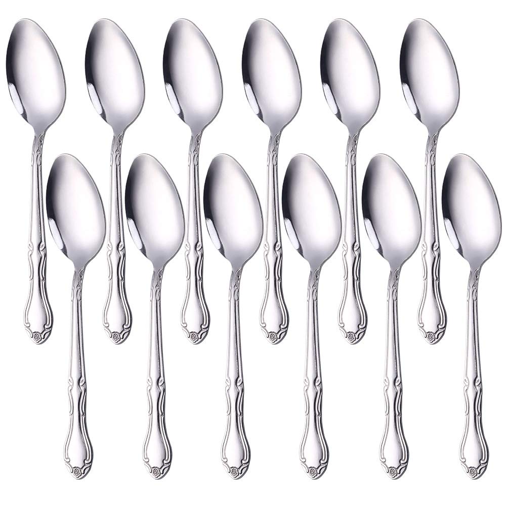 QIBOORUN 12-Piece Stainless Steel Dinner Spoons with Flower Edge, Stainless Steel Dinner Spoons Set, Table Spoon Dessert Spoons for Home, Kitchen or Restaurant - 7.3 Inches, Silver