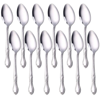 QIBOORUN 12-Piece Stainless Steel Dinner Spoons with Flower Edge, Stainless Steel Dinner Spoons Set, Table Spoon Dessert Spoons for Home, Kitchen or Restaurant - 7.3 Inches, Silver