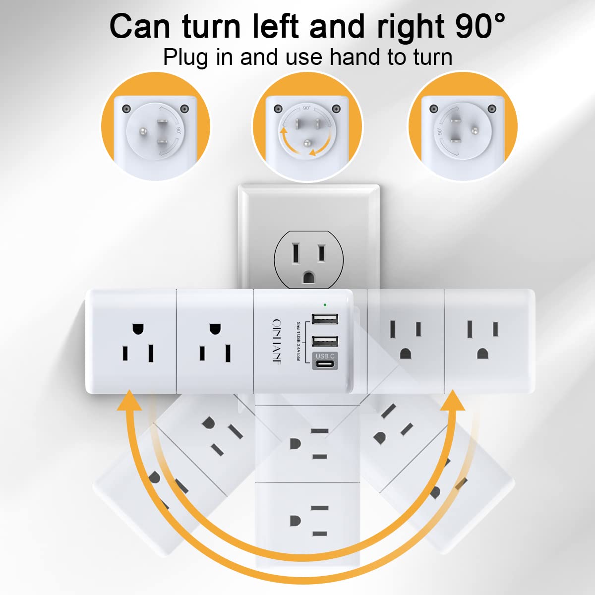 USB Outlet Extender Surge Protector - QINLIANF Multi Plug Outlet with Rotating Plug, 3-Sided Swivel Power Strip with 6 AC Spaced Outlet Splitter and 3 USB Ports (1 USB C) for Travel, Home, Office,ETL