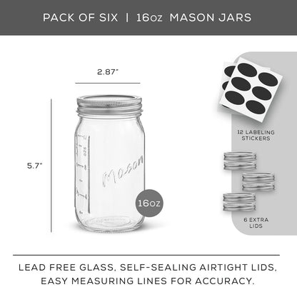 16 Oz Mason Jars 6-Pack with Lids & Labels