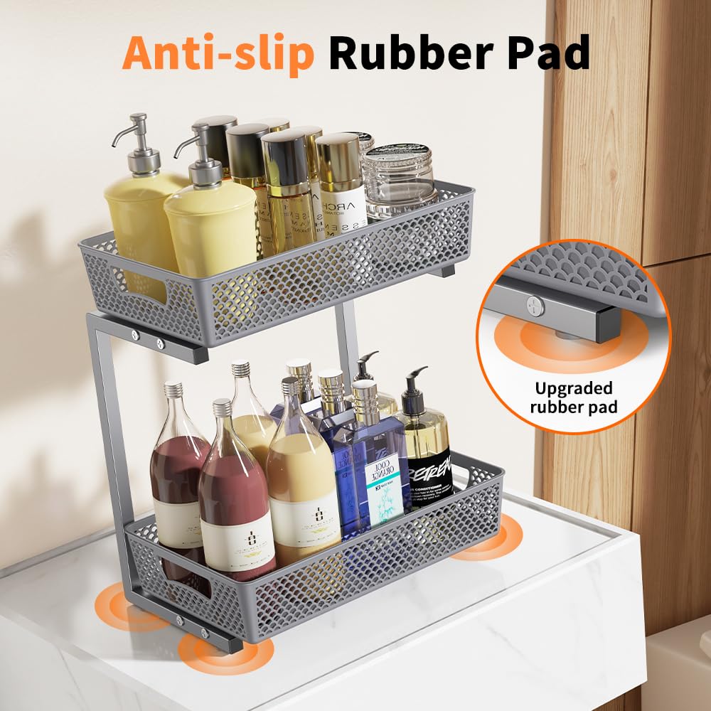 2-Tier Under Sink Organizer with Dividers, Grey