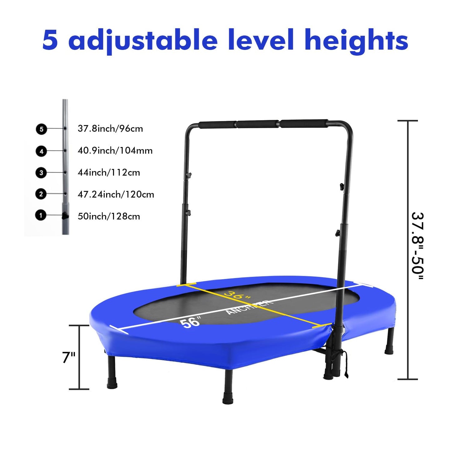 Ancheer Mini Trampoline for Kids Indoor, Double Kids Trampoline with Adjustable Center Handlebar, 56"X36" Rebounder Trampoline Foldable, Max Load 220 LBS,Blue