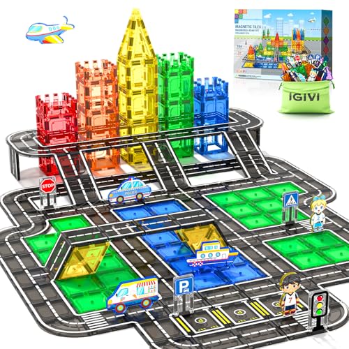 104 Piece Magnetic Tiles Road STEM Toy Set