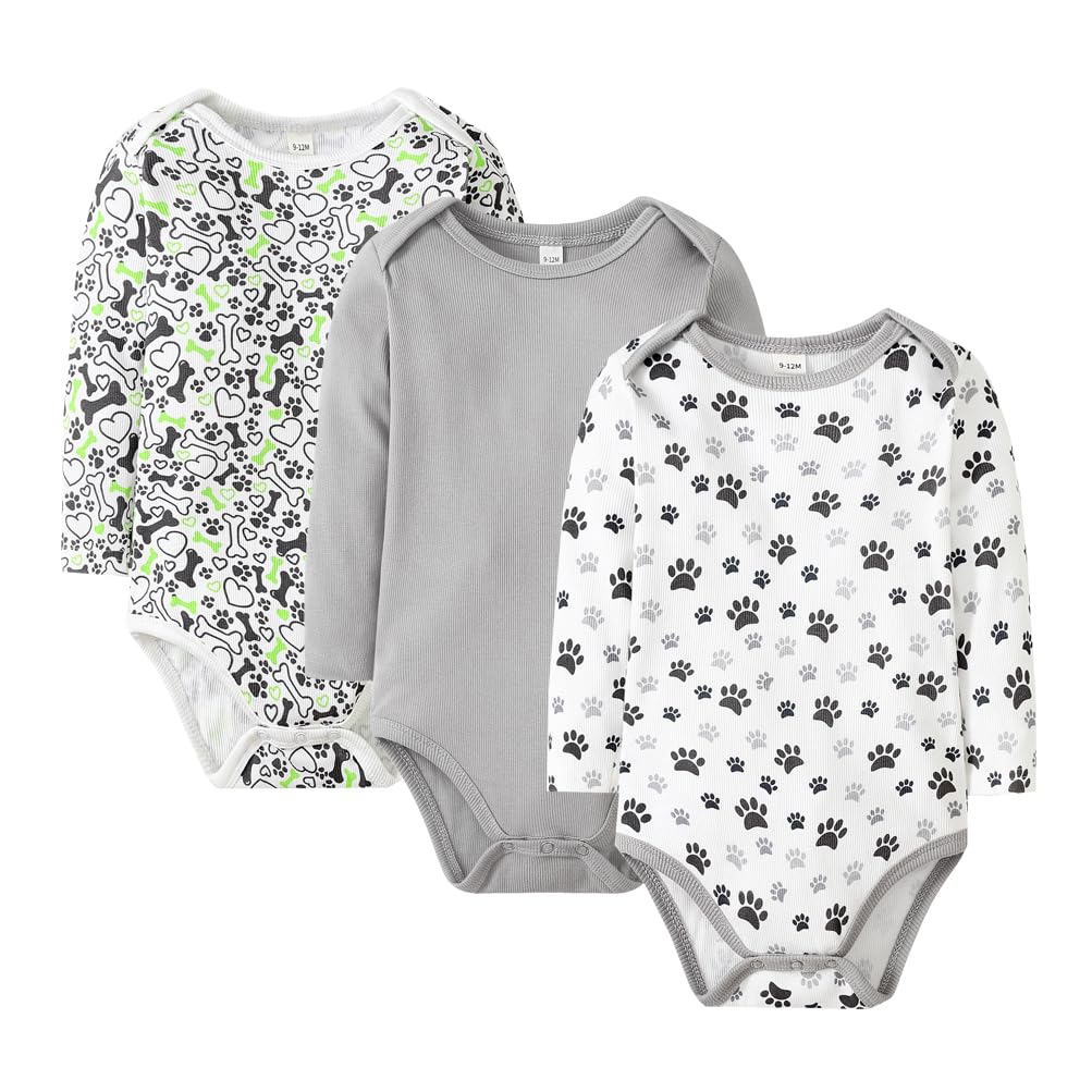 Ribbed Long Sleeve Baby Bodysuit Romper, Grey
