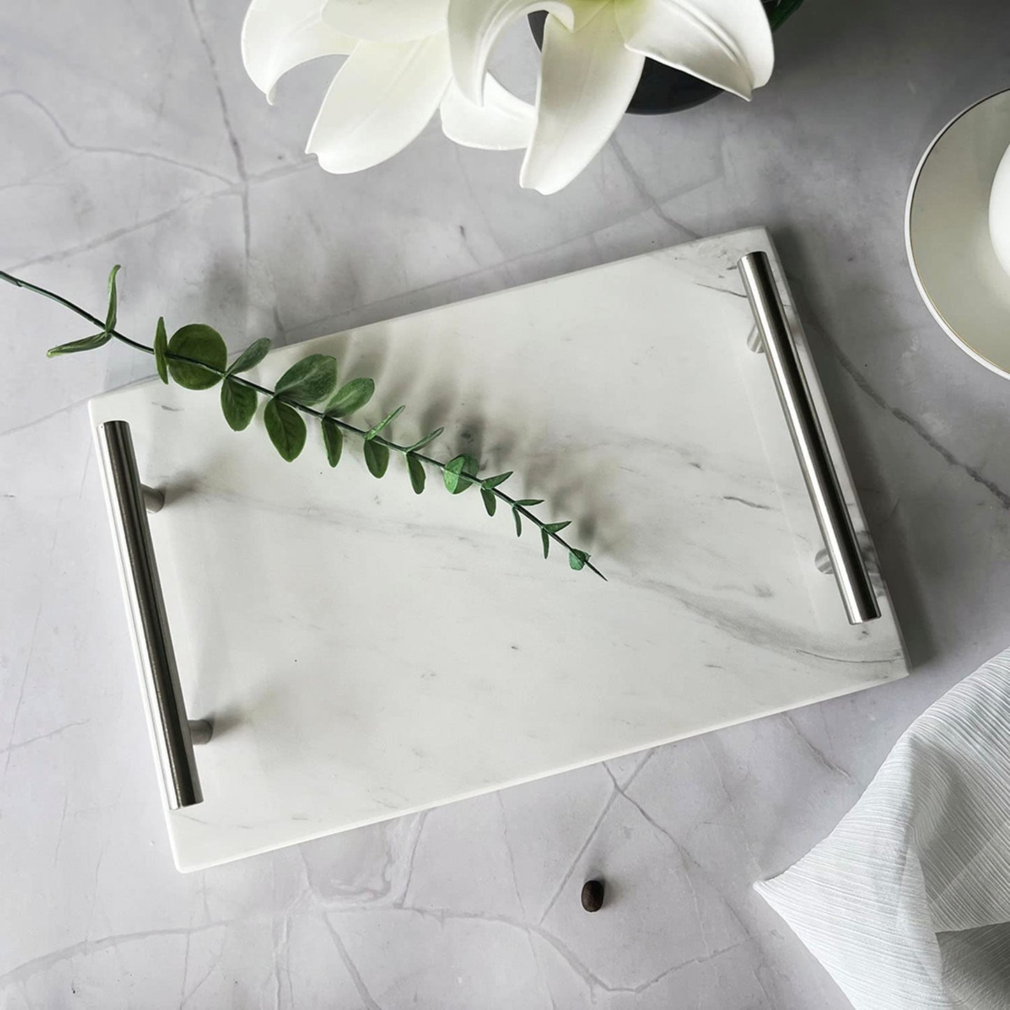 BustleDust Natural Marble Decorative Tray with Silver Handles for Counter, Vanity, Dresser, nightstand, or Desk, Dimension(Ajax White,11.8 x 7.9 x 0.39in)