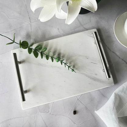 BustleDust Natural Marble Decorative Tray with Silver Handles for Counter, Vanity, Dresser, nightstand, or Desk, Dimension(Ajax White,11.8 x 7.9 x 0.39in)