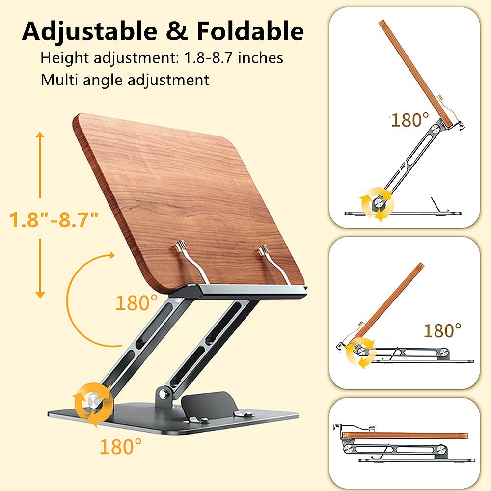 SOARCHICK Ergonomic Computer Stand for Laptop Foldable Book Stand for Reading Angle Height Adjustable Cookbook Stand Wood&Metal Portable Laptop Holder Riser Compatible with MacBook Pro/Air up to 17"