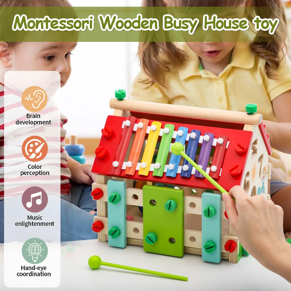 Aozzy Montessori Busy House Toy, 6 in 1 Wooden Activity Cube for Toddlers 1-3 with Xylophone Digital Screws, Sensory Toys for Toddler, Fine Motor Skills, Birthday Gift for Toddler