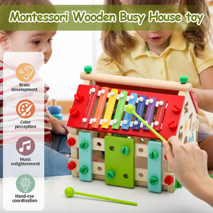 Aozzy Montessori Busy House Toy, 6 in 1 Wooden Activity Cube for Toddlers 1-3 with Xylophone Digital Screws, Sensory Toys for Toddler, Fine Motor Skills, Birthday Gift for Toddler