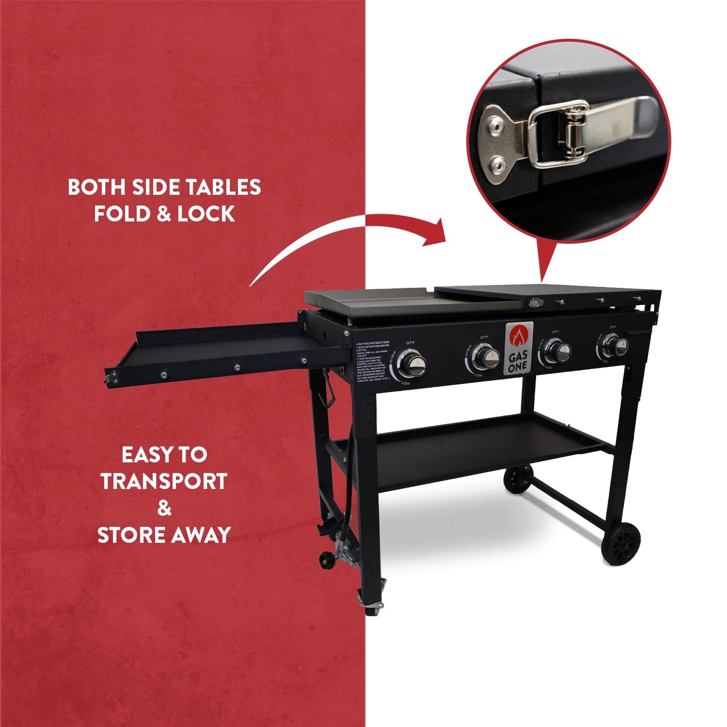Gas One Propane Burner Grill–36-Inch Flat Top Grill Griddle Cooking Station–Foldable 4 Burner Propane Grill with Pre-Seasoned Griddle–Professional Burners for Outdoor Cooking with Side Shelves, Black