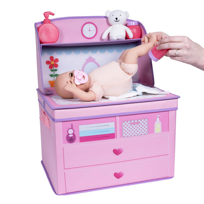 ADORA Realistic Perfectly Pink Baby Doll Set with Deluxe Changing Table and 10-Piece Doll Accessories; Pink Storage Box, 2 Baby Doll Diapers, Baby Powder Bottle, Pacifier Birthday Gift for Ages 3+