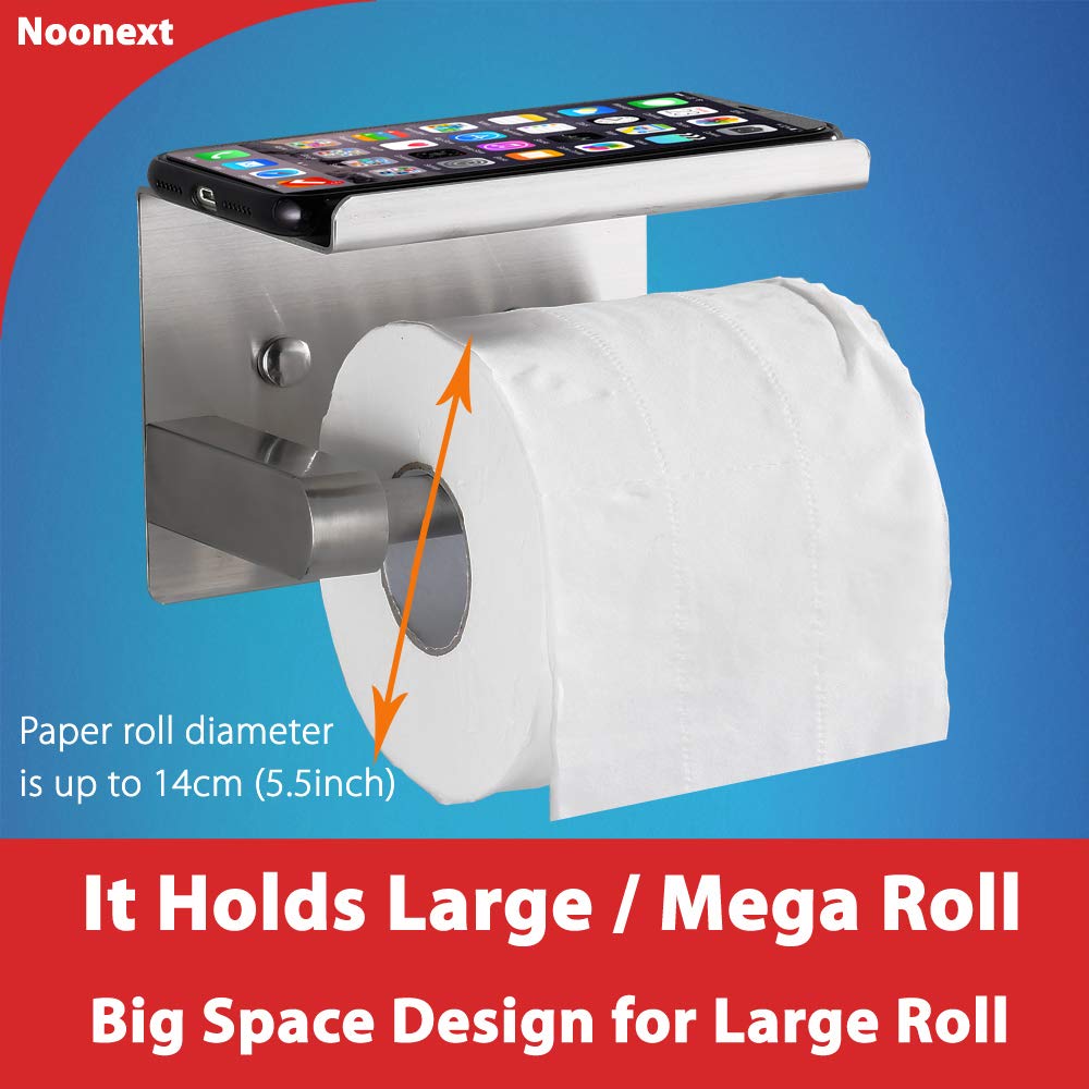 Adhesive Toilet Paper Holder with Shelf, SUS304 Stainless Steel Toilet Paper Roll Holder, Mega Roll Tissue Roll Paper Dispenser, No Drilling or Wall Mounted with Screws