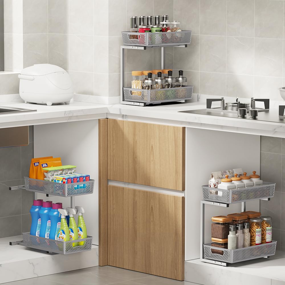 2-Tier Under Sink Organizer with Dividers, Grey