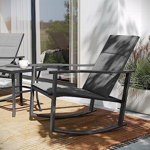 Flash Furniture Brazos 3 Piece Outdoor Rocking Chair Bistro Set with Flex Comfort Material and Metal Framed Glass Top Table, Black/Black