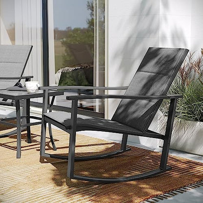 Flash Furniture Brazos 3 Piece Outdoor Rocking Chair Bistro Set with Flex Comfort Material and Metal Framed Glass Top Table, Black/Black
