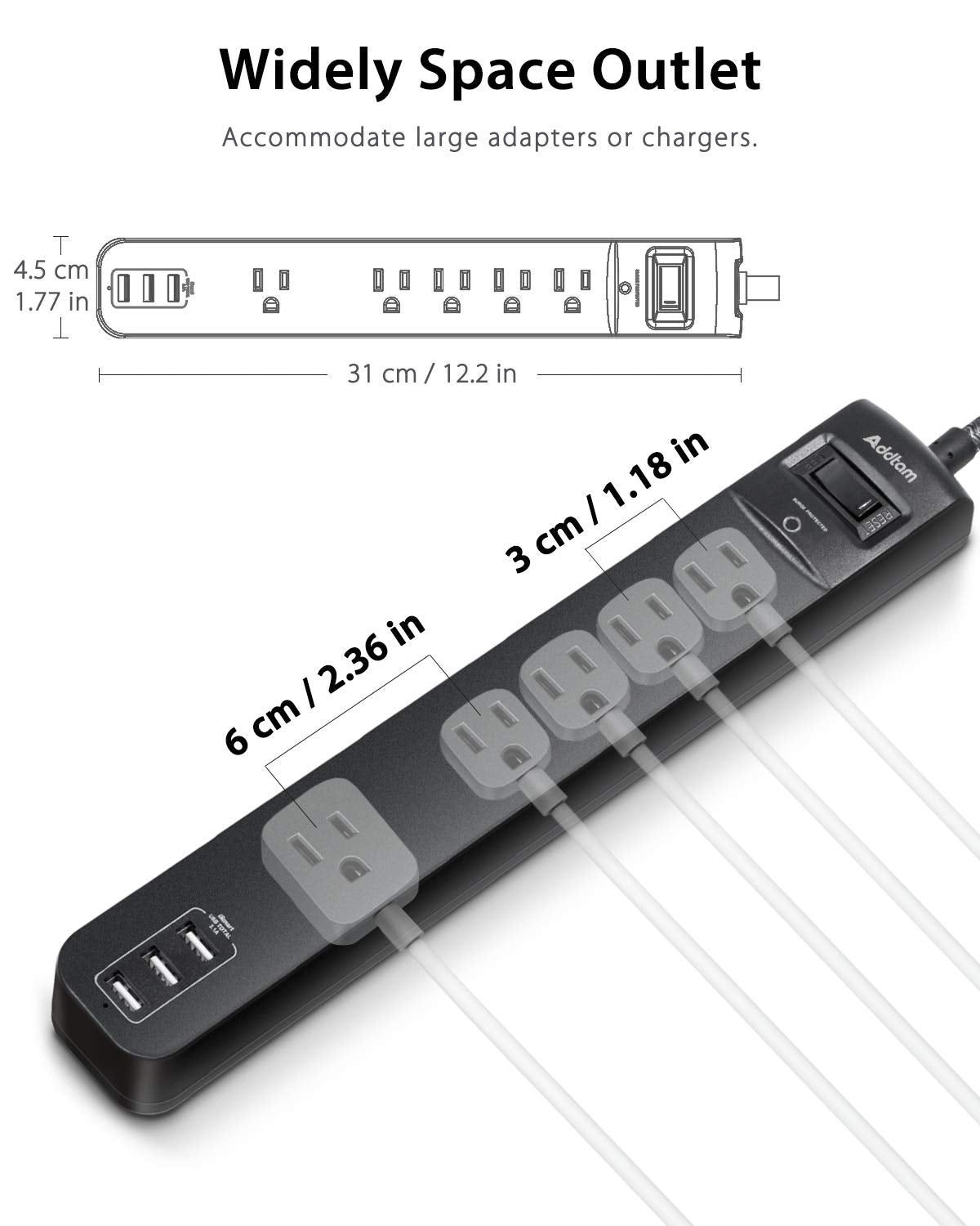 Extension Cord 15 ft - Long Power Strip Surge Protector, Flat Plug, Overload Surge Protection, 5 Outlets 3 USB Charging Ports, Multi Plug Outlet Extender for Indoor Home Office Dorm Room Essentials
