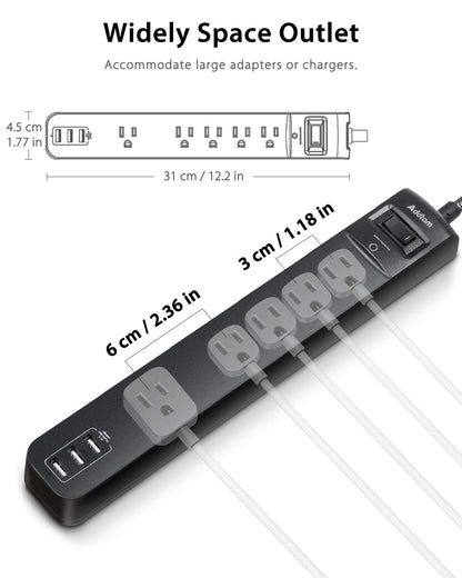 Extension Cord 15 ft - Long Power Strip Surge Protector, Flat Plug, Overload Surge Protection, 5 Outlets 3 USB Charging Ports, Multi Plug Outlet Extender for Indoor Home Office Dorm Room Essentials
