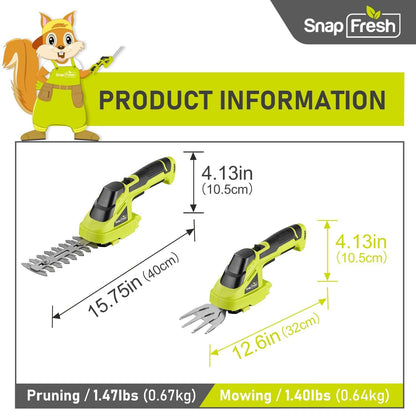 SnapFresh Cordless Grass Shear Bush Trimmer, 2 in 1 Handheld Hedge Trimmer, 7.2V Electric Grass Trimmer, Lightweight Shrubbery Trimmer Battery & Charger Included, Shrub Trimmer for Garden(Green)
