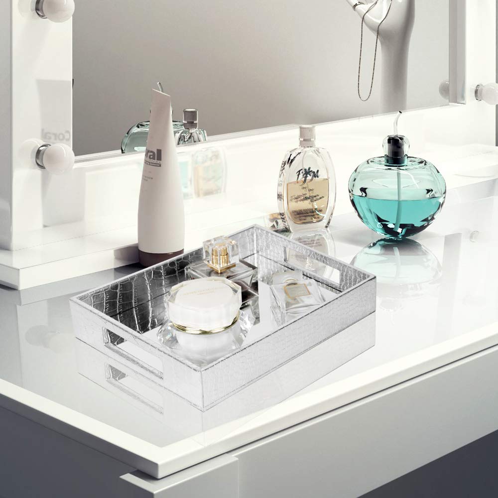 Silver Decorative Mirror Tray for Makeup Organizer