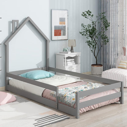 Pine Wood Twin Floor Bed Frame with Guardrails