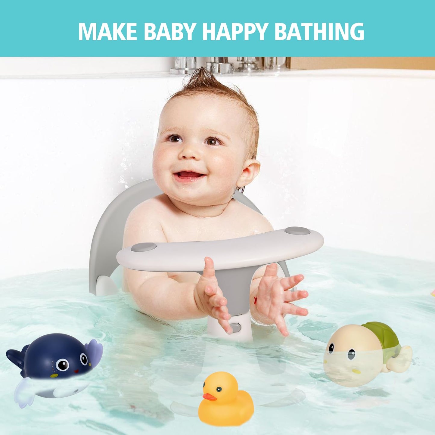 Baby Bath Seat LDIIDII Baby Bathtub Seat Infant Bath Seat for Babies 6 Months&Up Sit Up Bathing in Tub,Toddler Bath Seat with Water Thermometer/4 Strong Suction Cup/3 Bath Toys/Shower Cap (Grey)