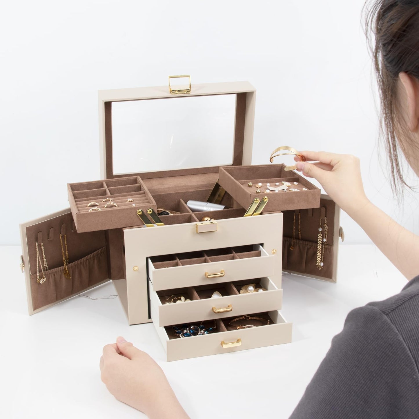 KAMIER Jewelry Organizer Box,5-Layer Jewelry Box for Women with Glass Lid,Jewelry Storage Box for Earrings Bracelets Rings Necklaces.Beige