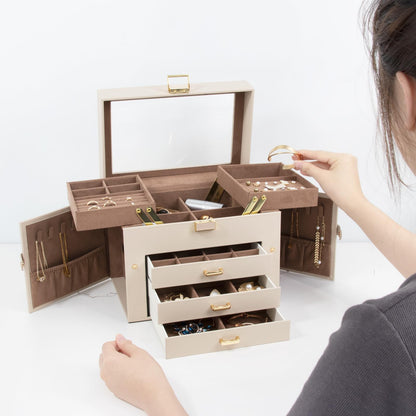 KAMIER Jewelry Organizer Box,5-Layer Jewelry Box for Women with Glass Lid,Jewelry Storage Box for Earrings Bracelets Rings Necklaces.Beige
