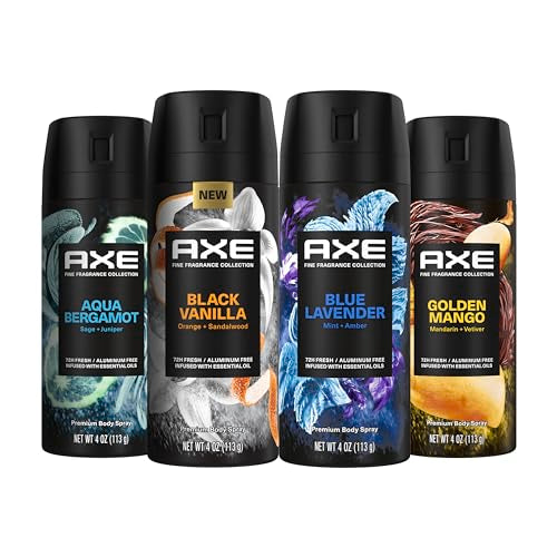 AXE Fine Fragrance Collection Premium Deodorant Body Spray for Men - Variety Pack - Blue Lavender, Aqua Bergamot, Golden Mango, & Black Vanilla - Pack of 4 72H Odor Protection, Aluminum Free, 4 oz