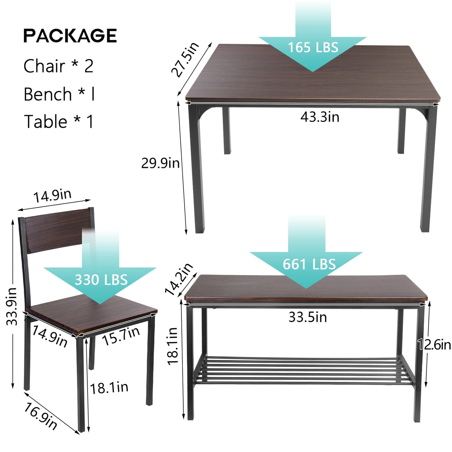 SogesPower Dining Room Table Set 43 Inch Kitchen Table Set with 2 Chairs and Bench, Dining Room Table Set for 4 Home, Kitchen, Dining Room, Restaurant