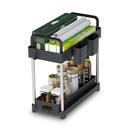 PROFECTUS Under Sink Organizers and Storage, 2-Tier Sliding Under Bathroom Cabinet Organizer with Hooks,Hanging Cup,Handrail,Multi-Purpose Storage Shelf for Kitchen Bathroom
