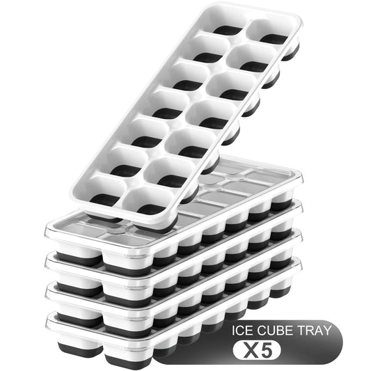 Ice Cube Tray, 5 Pack Stackable Silicone Rectangular 14-Ice Cube Tray Set with Lid, BPA-Free Sturdy Reusable Freezer Ice Trays for Drinks, Cocktails & Coffee - Easy Release（Black）