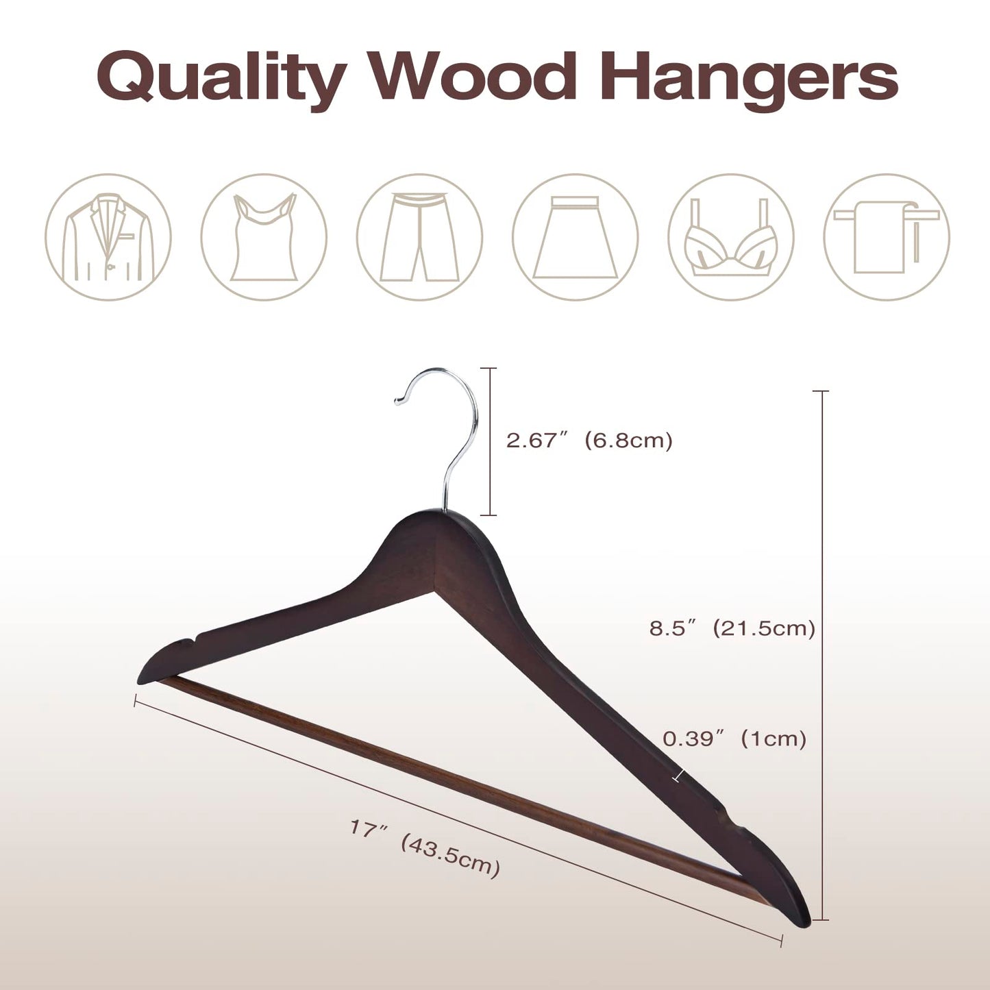 FairyHaus Wood Hangers 30 Pack, Smooth Finish Wooden Coat Suit Hangers with 360° Swivel Hook and Notches, Lightweight Walnut Wood Clothes Hangers for Camisole, Pants, Dress