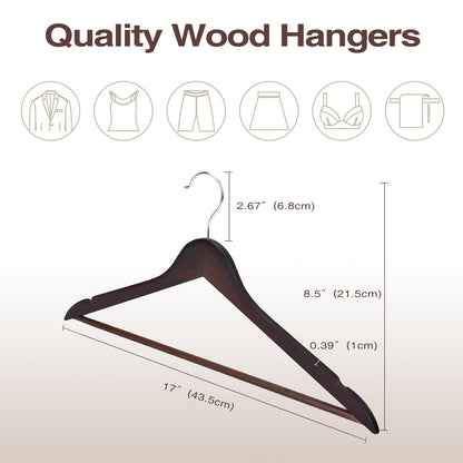 FairyHaus Wood Hangers 30 Pack, Smooth Finish Wooden Coat Suit Hangers with 360° Swivel Hook and Notches, Lightweight Walnut Wood Clothes Hangers for Camisole, Pants, Dress