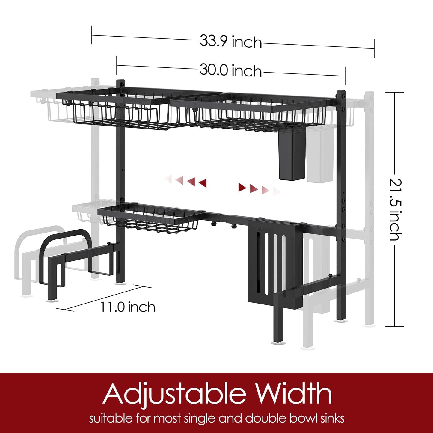 Sakugi Dish Drying Rack - Large Over The Sink Dish Drainer Drying Rack (30.0" to 33.9" W), Large Capacity Stainless Steel Dish Rack, Multifunctional Kitchen Organizers and Storage Rack, Black