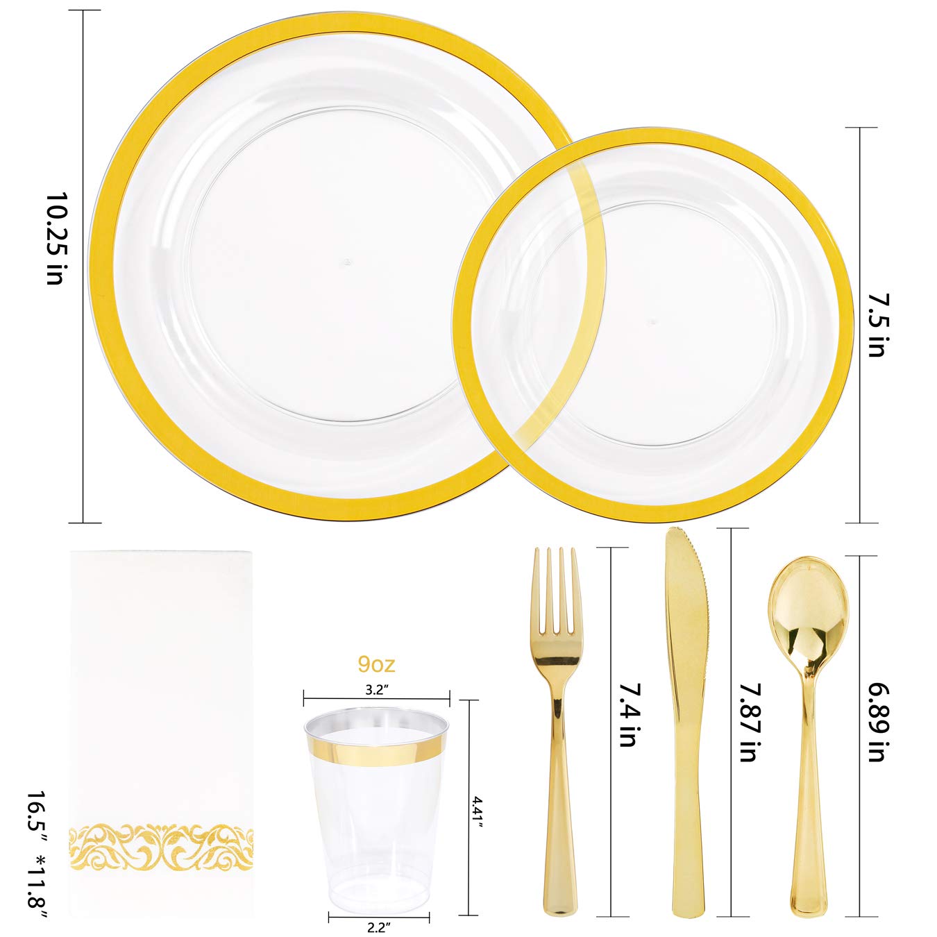 YOUBET 210PCS Clear Gold Plastic Dinnerware - Gold Plastic Plates and Gold Dinnerware Includes: 30 Dinner Plates, 30 Dessert Plates, 30 Gold Cups, 30 Napkins for Party & Wedding